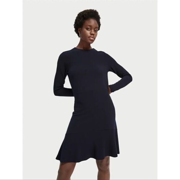 Scotch and Soda Navy Blue Long Sleeve Ribbed Sweater Mini Dress M - Picture 1 of 9